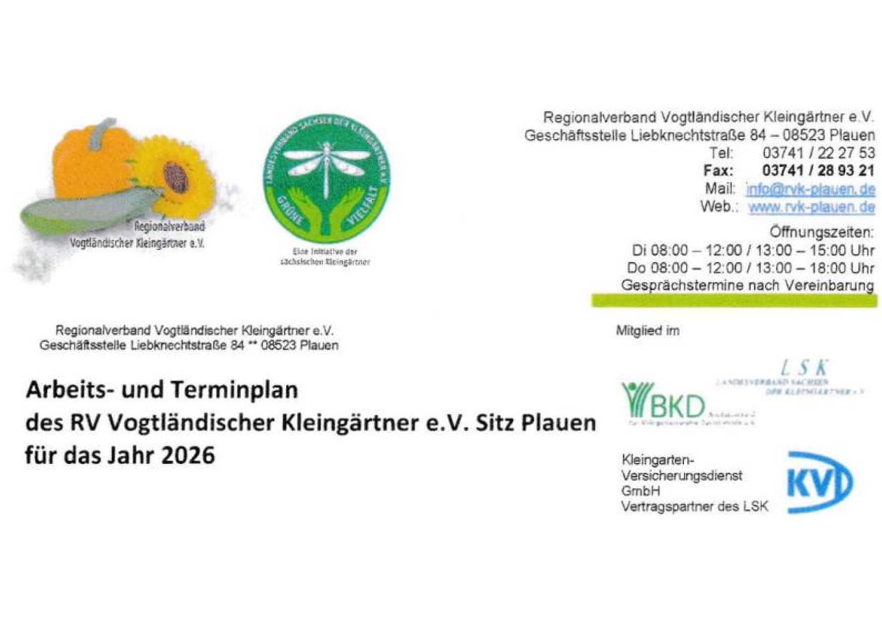 Arbeits- & Terminplan des Regionalverbandes Vogtländischer Kleingärtner e.V. mit den ersten Terminen des Landesverbandes Vogtländischer Kleingärtner e.V. 2026